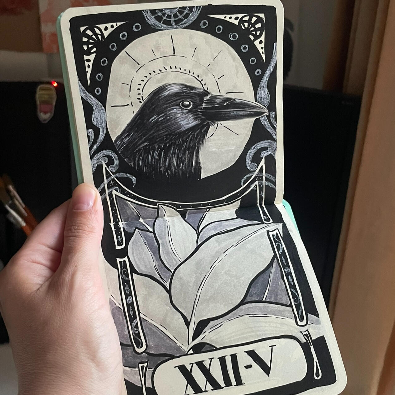 Raven sketch | china ink, watercolour markers & gel pen